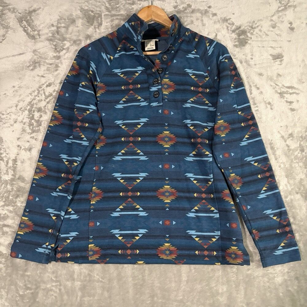 Ariat Real Womens Pullover Sweatshirt Aztec Size S Blue Snap Button Western